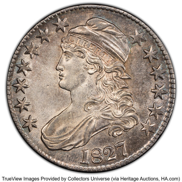 image for: 1827 50C Square Base 2, O-109, Low R.4, AU55 PCGS. PCGS Population: 2 in 55, 3 finer (10/25). CDN: $528 Whsle. Bid for NGC/...