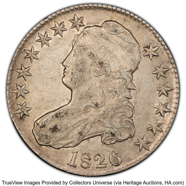 image for: 1826 50C O-101a, R.2, XF45 PCGS. PCGS Population: 6 in 45, 8 finer (10/25). CDN: $190 Whsle. Bid for NGC/PCGS XF45. Mintage...