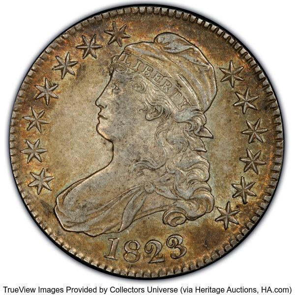 image for: 1823 50C O-105, R.1, AU55 PCGS. CAC. PCGS Population: 9 in 55 (1 in 55+), 8 finer. CAC: 3 in 55, 2 finer (10/25). CDN: $700...