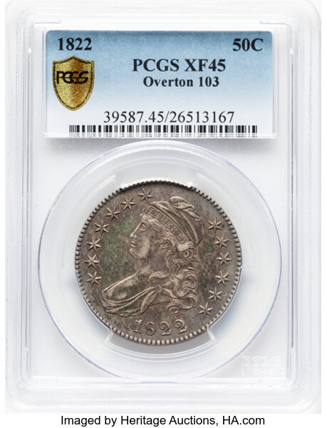 image for: 1822 50C O-103, R.4, XF45 PCGS. PCGS Population: 3 in 45, 7 finer (10/25). CDN: $374 Whsle. Bid for NGC/PCGS XF45. Mintage ...