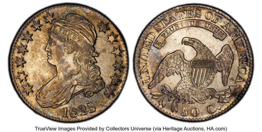 image for: 1825 50C O-111, R.2, AU55 PCGS. PCGS Population: 6 in 55, 4 finer (10/25). CDN: $400 Whsle. Bid for NGC/PCGS AU55. Mintage ...