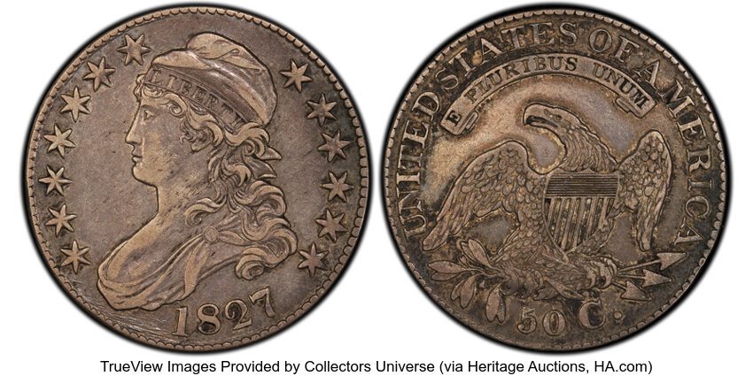 image for: 1827 50C Square Base 2, O-120, R.5, XF40 PCGS. PCGS Population: 4 in 40, 6 finer (10/25). CDN: $480 Whsle. Bid for NGC/PCGS...