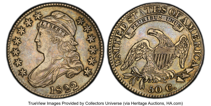 image for: 1822/1 50C O-101, R.1, XF45 PCGS. PCGS Population: 7 in 45, 27 finer (10/25). CDN: $625 Whsle. Bid for NGC/PCGS XF45. Minta...