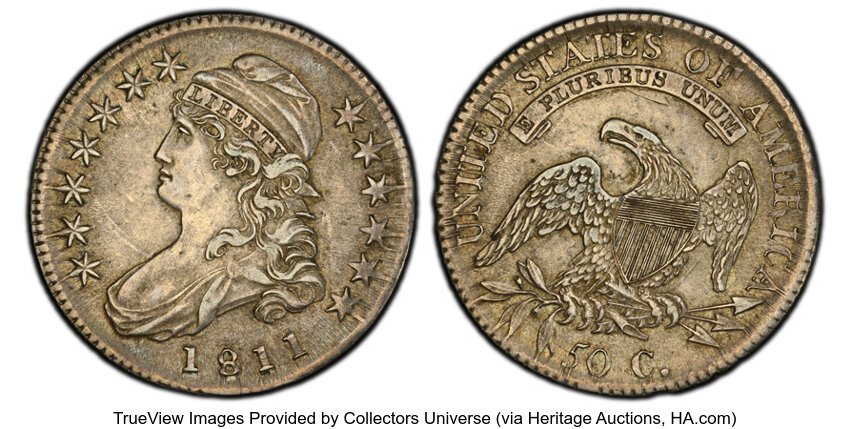 image for: 1811 50C Small 8, O-113, Low R.5, AU50 PCGS. PCGS Population: 3 in 50, 4 finer (10/25). CDN: $1,750 Whsle. Bid for NGC/PCGS...