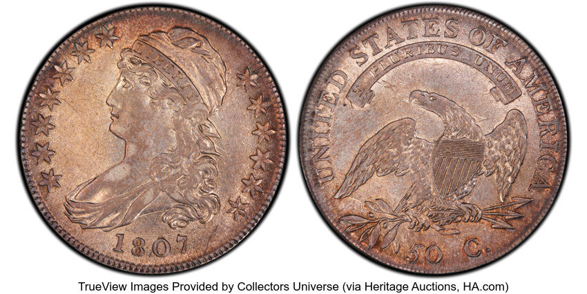 image for: 1807 50C Capped Bust, Large Stars, 50 Over 20, O-112, R.1, AU53 PCGS. PCGS Population: 7 in 53, 13 finer (10/25). CDN: $2,2...