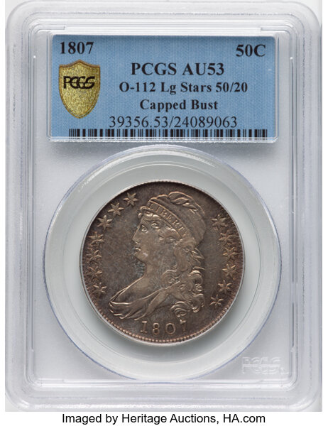 image for: 1807 50C Capped Bust, Large Stars, 50 Over 20, O-112, R.1, AU53 PCGS. PCGS Population: 7 in 53, 13 finer (10/25). CDN: $2,2...