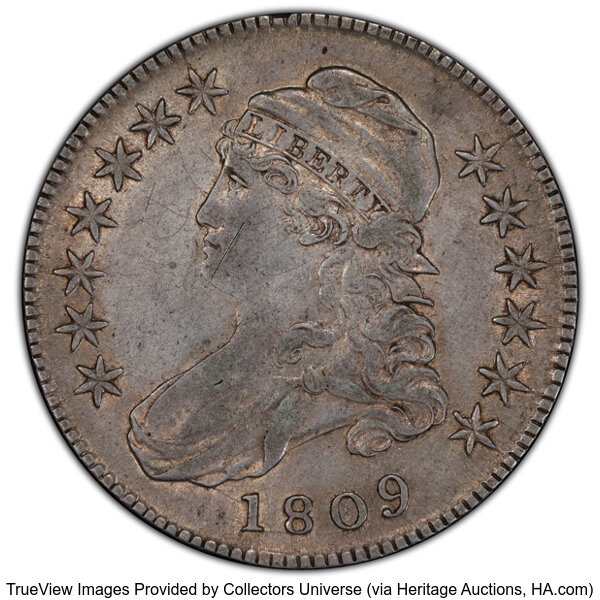 image for: 1809 50C Normal Edge, O-102a, R.1, XF45 PCGS. PCGS Population: 9 in 45, 14 finer (10/25). CDN: $550 Whsle. Bid for NGC/PCGS...