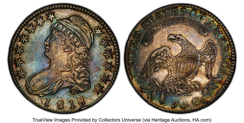 image for: 1818/7 50C Small 8, O-102a, R.2, AU50 PCGS. PCGS Population: 4 in 50, 5 finer (10/25). CDN: $1,200 Whsle. Bid for NGC/PCGS ...