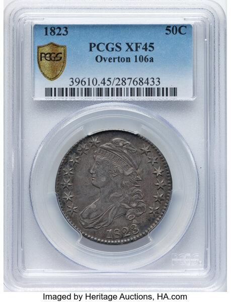 image for: 1823 50C O-106a, R.2, XF45 PCGS. PCGS Population: 10 in 45, 22 finer (10/25). CDN: $300 Whsle. Bid for NGC/PCGS XF45. Minta...