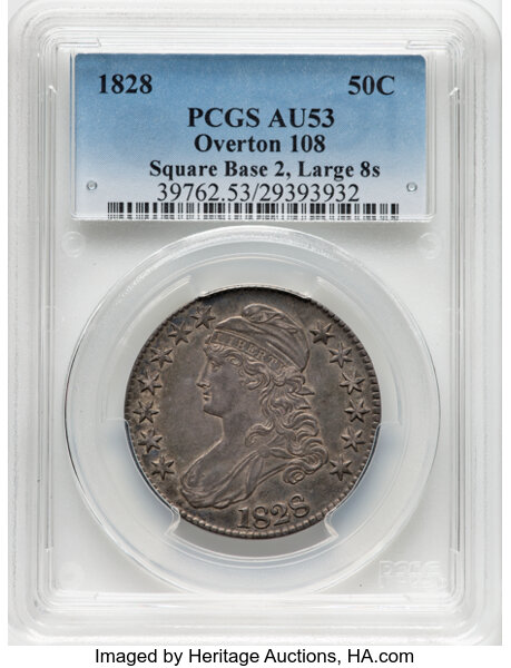 image for: 1828 50C Square Base 2, Large 8s, O-108, R.2, AU53 PCGS. PCGS Population: 2 in 53, 7 finer (10/25). CDN: $440 Whsle. Bid fo...