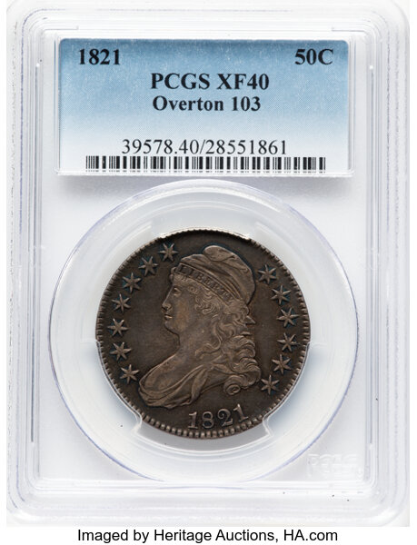 image for: 1821 50C O-103, R.1, XF40 PCGS. PCGS Population: 2 in 40, 20 finer (10/25). CDN: $310 Whsle. Bid for NGC/PCGS XF40. Mintage...