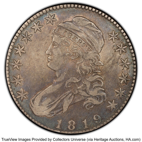 image for: 1819 50C O-115, R.3, VF35 PCGS. PCGS Population: 6 in 35, 19 finer (10/25). CDN: $273 Whsle. Bid for NGC/PCGS VF35. Mintage...