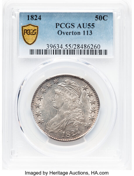 image for: 1824 50C O-113, R.2, AU55 PCGS. PCGS Population: 5 in 55, 8 finer (10/25). CDN: $400 Whsle. Bid for NGC/PCGS AU55. Mintage ...