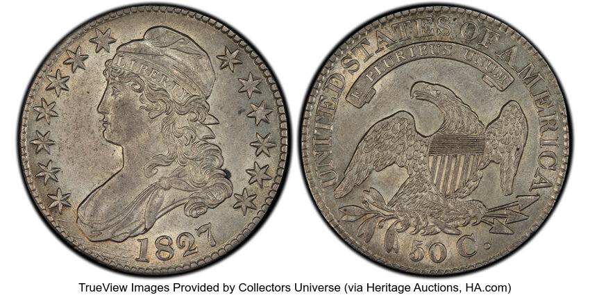 image for: 1827 50C Square Base 2, O-120a, R.2, AU53 PCGS. Ex: Peterson. PCGS Population: 4 in 53, 17 finer (10/25). CDN: $302.50 Whsl...