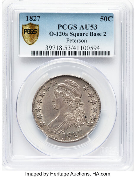 image for: 1827 50C Square Base 2, O-120a, R.2, AU53 PCGS. Ex: Peterson. PCGS Population: 4 in 53, 17 finer (10/25). CDN: $302.50 Whsl...