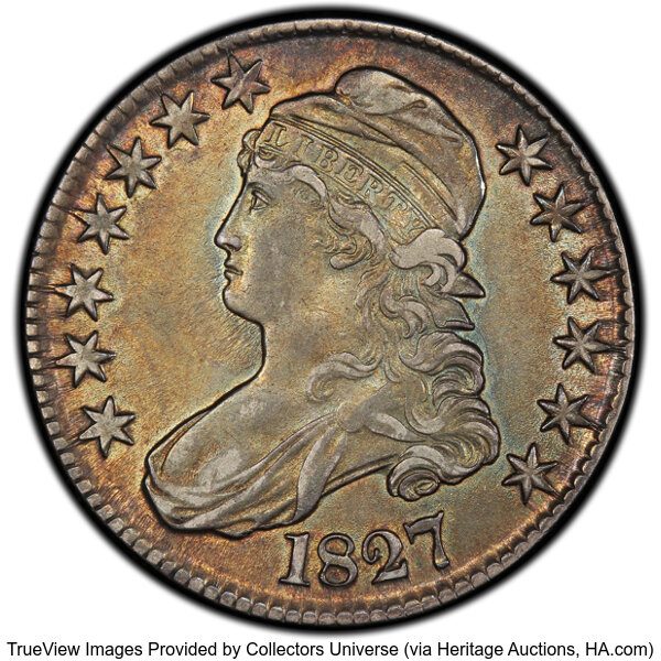 image for: 1827 50C Square Base 2, O-115, R.3, AU50 PCGS. PCGS Population: 4 in 50, 8 finer (10/25). CDN: $308.55 Whsle. Bid for NGC/P...