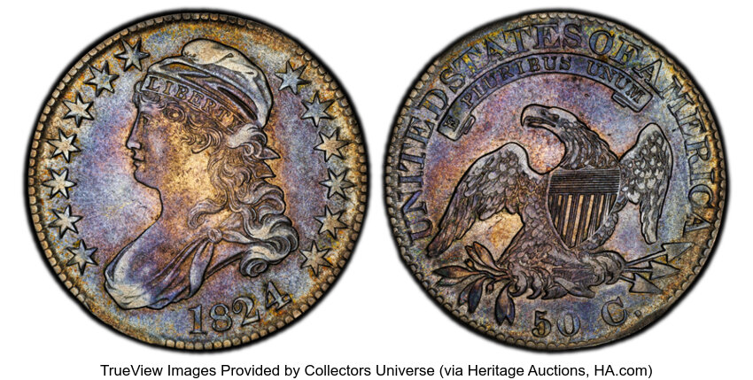 image for: 1824/4 50C O-110, R.1, AU53 PCGS. PCGS Population: 5 in 53, 12 finer (10/25). CDN: $550 Whsle. Bid for NGC/PCGS AU53....