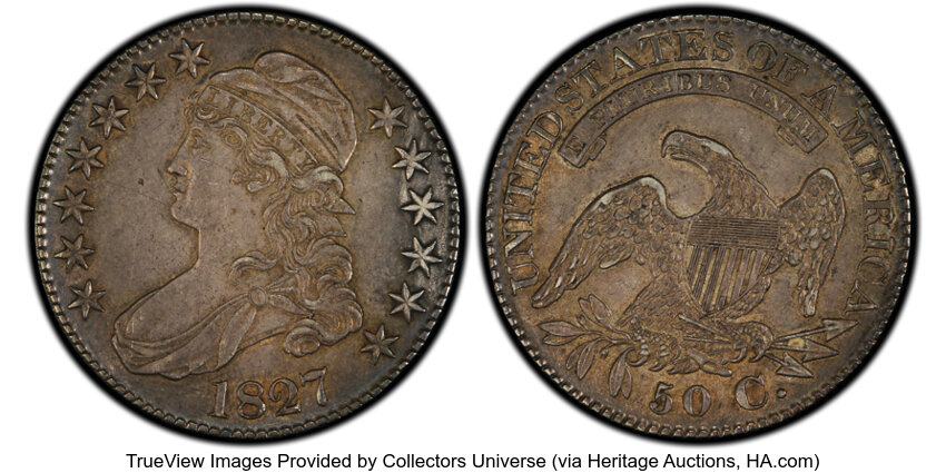 image for: 1827 50C Square Base 2, O-116, R.4, AU53 PCGS. PCGS Population: 2 in 53, 7 finer (10/25). CDN: $363 Whsle. Bid for NGC/PCGS...