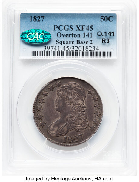 image for: 1827 50C Square Base 2, O-141, R.3, XF45 PCGS. CAC. PCGS Population: 2 in 45, 12 finer. CAC: 2 in 45, 2 finer (10/25). CDN:...