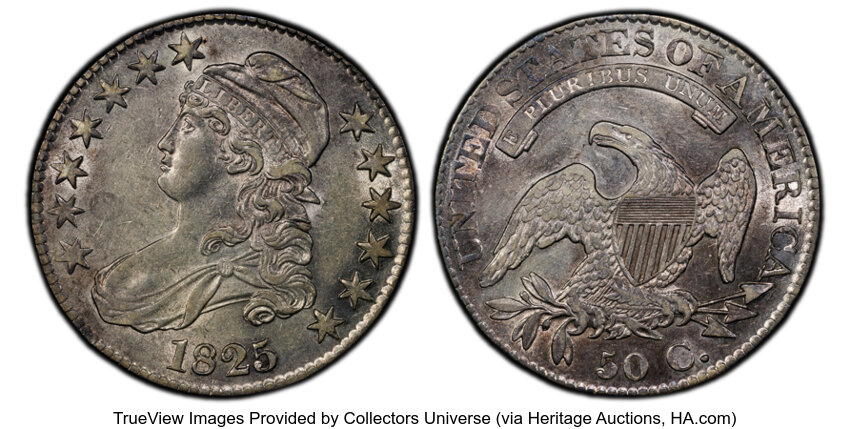 image for: 1825 50C O-106, R.2, AU50 PCGS. PCGS Population: 2 in 50, 8 finer (10/25). CDN: $255 Whsle. Bid for NGC/PCGS AU50....