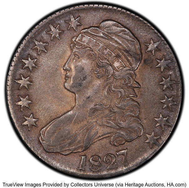 image for: 1827 50C Square Base 2, O-139, Low R.4, AU50 PCGS. PCGS Population: 2 in 50, 11 finer (10/25). CDN: $336.60 Whsle. Bid for ...