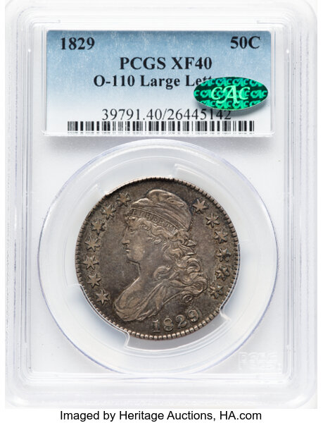 image for: 1829 50C Large Letters, O-110, R.3, XF40 PCGS. CAC. PCGS Population: 4 in 40, 18 finer (10/25). CDN: $176 Whsle. Bid for NG...