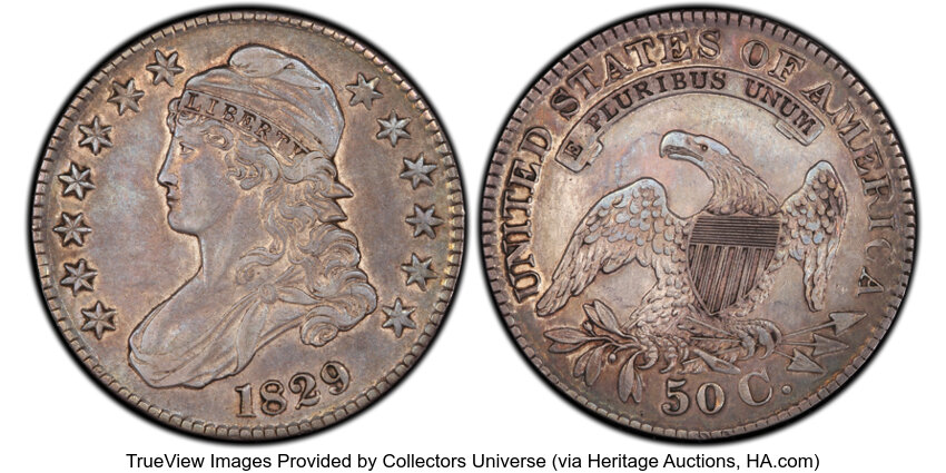 image for: 1829 50C Small Letters, O-105, R.1, XF45 PCGS. PCGS Population: 14 in 45, 16 finer (10/25). CDN: $190 Whsle. Bid for NGC/PC...