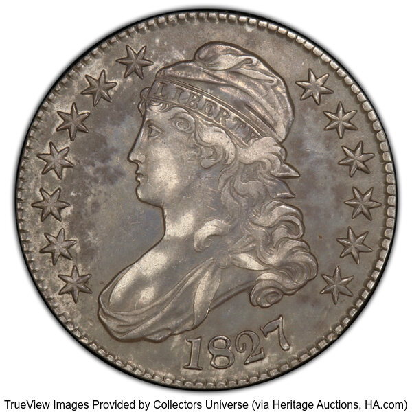 image for: 1827 50C Square Base 2, O-144, R.5, VF30 PCGS. PCGS Population: 3 in 30, 9 finer (10/25). CDN: $850 Whsle. Bid for NGC/PCGS...