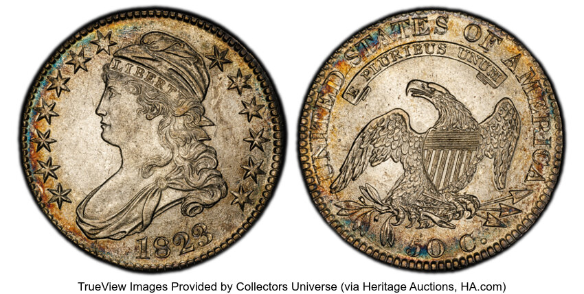 image for: 1823 50C O-107, R.3, AU58 PCGS. PCGS Population: 4 in 58, 5 finer (10/25). CDN: $924 Whsle. Bid for NGC/PCGS AU58. Mintage ...