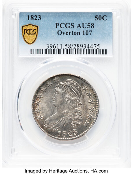 image for: 1823 50C O-107, R.3, AU58 PCGS. PCGS Population: 4 in 58, 5 finer (10/25). CDN: $924 Whsle. Bid for NGC/PCGS AU58. Mintage ...