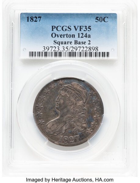 image for: 1827 50C Square Base 2, O-124, R.5, VF35 PCGS. O-124a was delisted as "merely die erosion" by BHNC in 2000, per Stephen J. ...