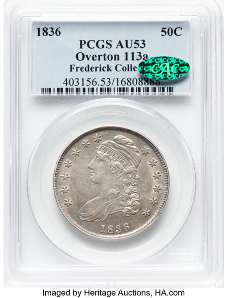 image for: 1836 50C Lettered Edge, O-113a, R.3, AU53 PCGS. CAC. Ex: Frederick Collection. PCGS Population: 2 in 53, 7 finer (10/25). C...