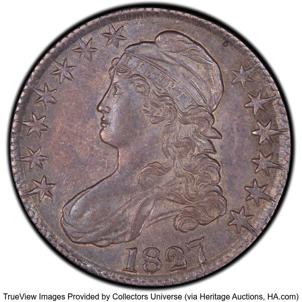 image for: 1827 50C Square Base 2, O-123, High R.4, AU55 PCGS. PCGS Population: 3 in 55, 3 finer (10/25). CDN: $528 Whsle. Bid for NGC...