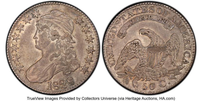 image for: 1828 50C Curl Base 2, No Knob, O-102, R.2, AU53 PCGS. PCGS Population: 2 in 53, 11 finer (10/25). CDN: $300 Whsle. Bid for ...