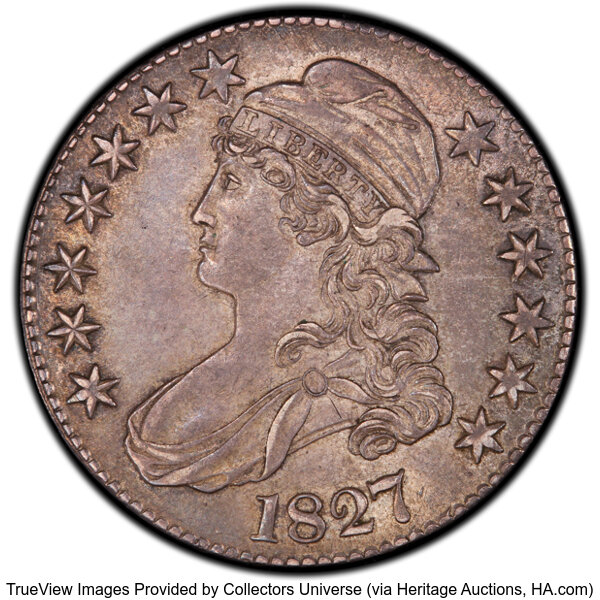 image for: 1827 50C Square Base 2, O-113, R.4, AU55 PCGS. PCGS Population: 3 in 55, 1 finer (10/25). CDN: $528 Whsle. Bid for NGC/PCGS...