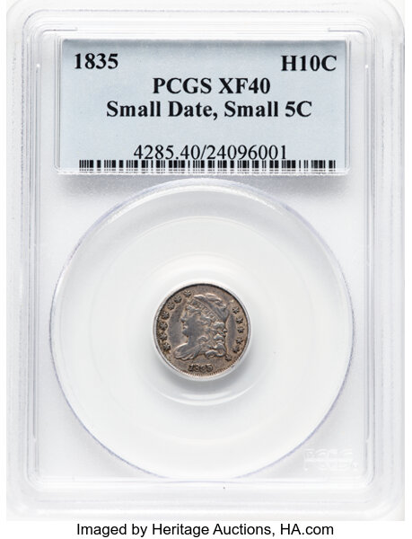 image for: 1835 H10C Small Date, Small 5C, V-7, LM-10, R.1, XF40 PCGS. CDN: $157 Whsle. Bid for NGC/PCGS XF40....