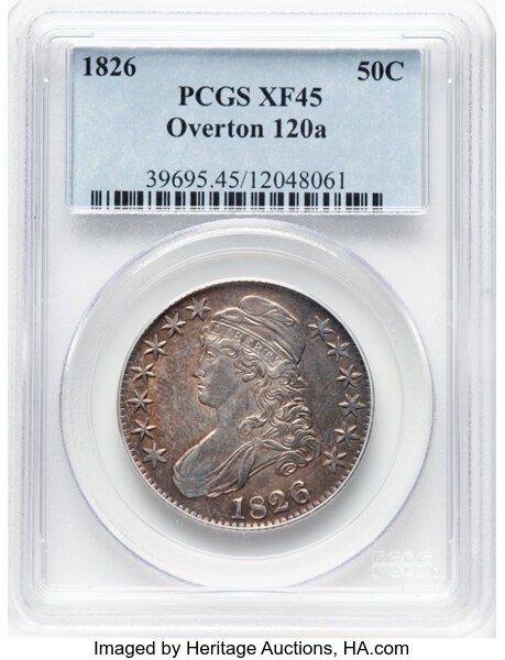 image for: 1826 50C O-120a, Low R.4, XF45 PCGS. PCGS Population: 6 in 45, 7 finer (10/25). CDN: $228 Whsle. Bid for NGC/PCGS XF45. Min...