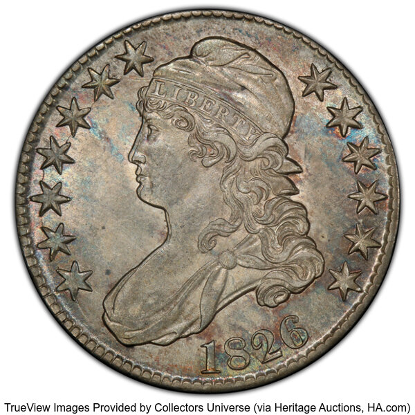 image for: 1826 50C O-105, R.3, AU58 PCGS. PCGS Population: 6 in 58, 2 finer (10/25). CDN: $660 Whsle. Bid for NGC/PCGS AU58. Mintage ...