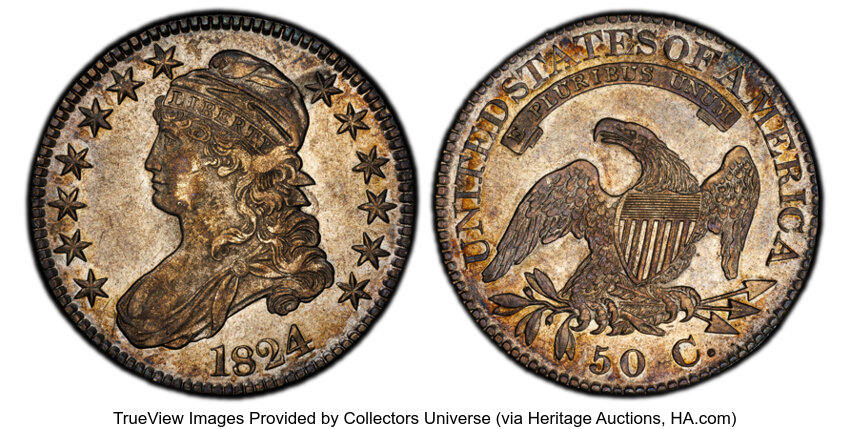 image for: 1824 50C O-106a, R.5, AU53 PCGS. PCGS Population: 1 in 53, 0 finer (10/25). CDN: $950 Whsle. Bid for NGC/PCGS AU53. Mintage...