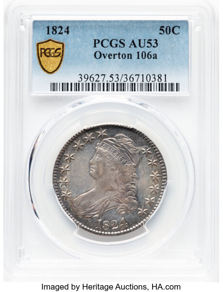 image for: 1824 50C O-106a, R.5, AU53 PCGS. PCGS Population: 1 in 53, 0 finer (10/25). CDN: $950 Whsle. Bid for NGC/PCGS AU53. Mintage...
