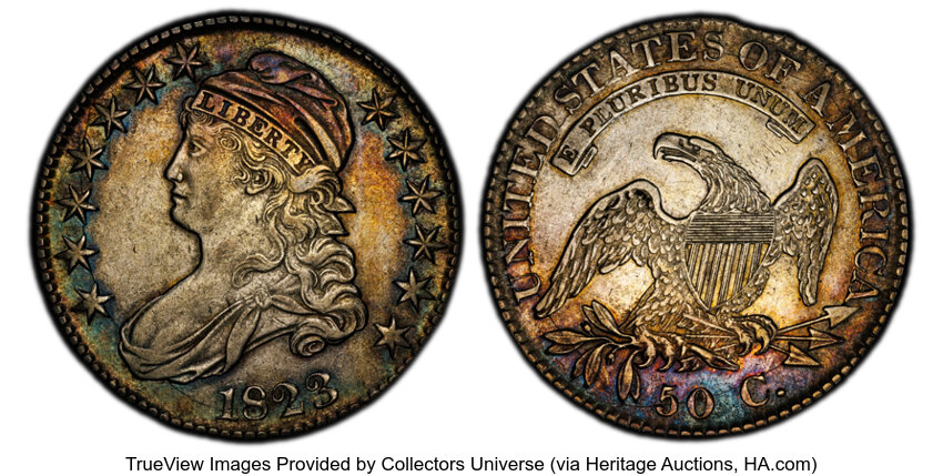 image for: 1823 50C O-111a, R.2, AU53 PCGS. PCGS Population: 1 in 53, 9 finer (10/25). CDN: $500 Whsle. Bid for NGC/PCGS AU53. Mintage...