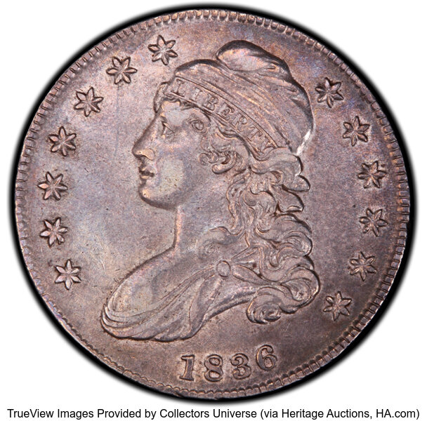 image for: 1836 50C Lettered Edge, O-122, R.2, AU50 PCGS. PCGS Population: 3 in 50, 11 finer (10/25). CDN: $255 Whsle. Bid for NGC/PCG...