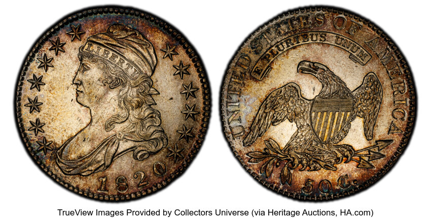 image for: 1820 50C Square Base 2, Large Date, Knob 2, O-105, R.1, AU50 PCGS. PCGS Population: 8 in 50, 16 finer (10/25). CDN: $1,000 ...