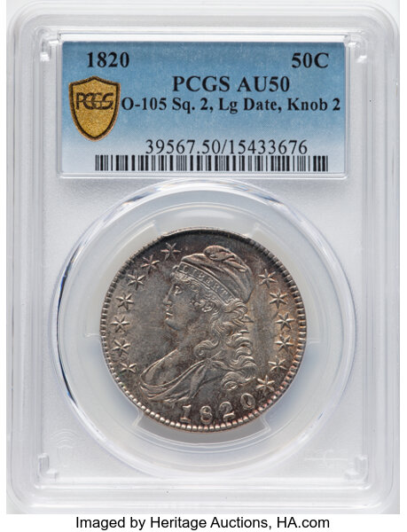 image for: 1820 50C Square Base 2, Large Date, Knob 2, O-105, R.1, AU50 PCGS. PCGS Population: 8 in 50, 16 finer (10/25). CDN: $1,000 ...