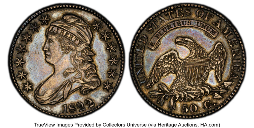 image for: 1822 50C O-106, R.2, AU53 PCGS. PCGS Population: 5 in 53, 8 finer (10/25). CDN: $400 Whsle. Bid for NGC/PCGS AU53. Mintage ...