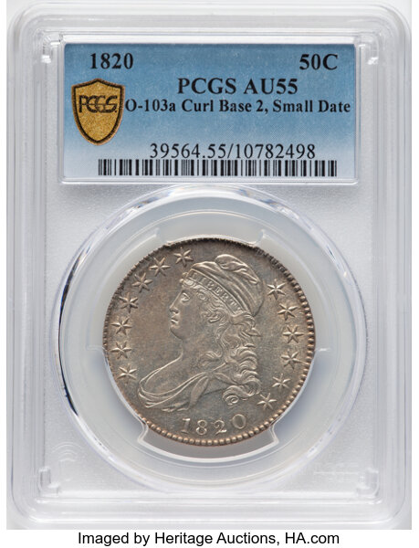 image for: 1820 50C Curl Base 2, Small Date, O-103a, R.2, AU55 PCGS. PCGS Population: 7 in 55, 5 finer (10/25). CDN: $1,380 Whsle. Bid...