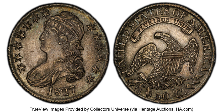 image for: 1827 50C Square Base 2, O-117a, R.4, AU55 PCGS. PCGS Population: 1 in 55, 2 finer (10/25). CDN: $528 Whsle. Bid for NGC/PCG...