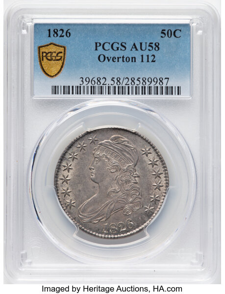 image for: 1826 50C O-112, R.4, AU58 PCGS. PCGS Population: 5 in 58, 2 finer (10/25). CDN: $720 Whsle. Bid for NGC/PCGS AU58....