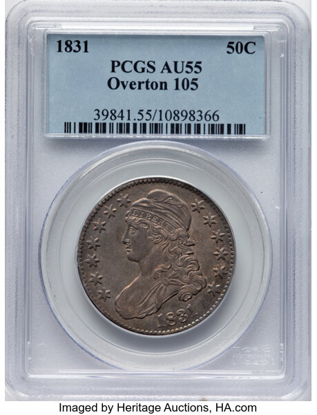 image for: 1831 50C O-105, R.3, AU55 PCGS. PCGS Population: 3 in 55, 7 finer (10/25). CDN: $440 Whsle. Bid for NGC/PCGS AU55....