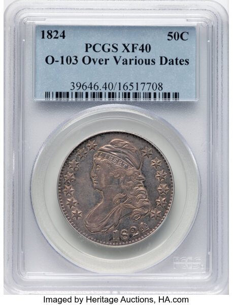image for: 1824 50C Over Various Dates, O-103, R.1, XF40 PCGS. PCGS Population: 8 in 40, 27 finer (10/25). CDN: $375 Whsle. Bid for NG...